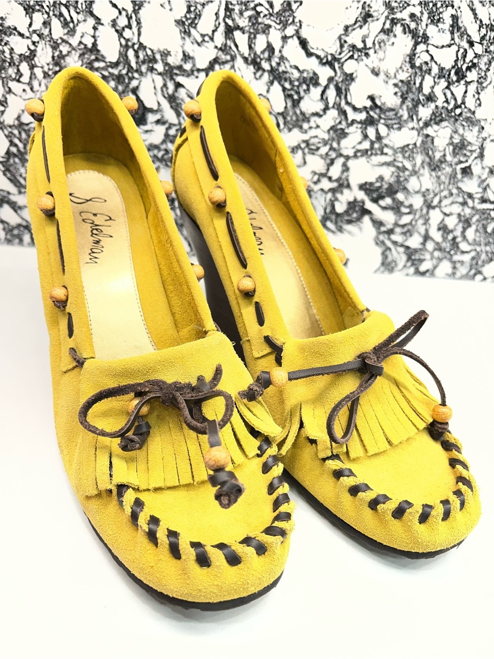 Sam Edelman Yellow Suede Fringe Moccasin Loafers with Brown Lacing